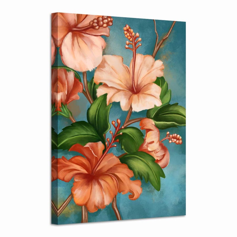 LevvArts Orange and Teal Wall Decor Hawaiian Hibiscus Flower Paintings Picture Tropical Floral Canvas Art for Living Room Kitchen Decoration 24"x36" - Image 1